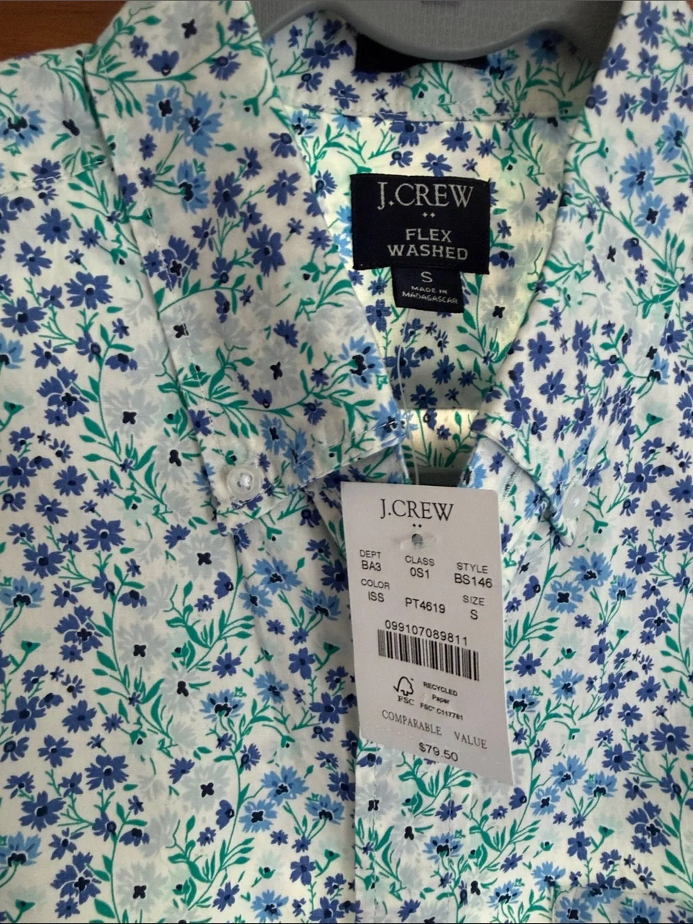 J. Crew Short-Sleeve Floral Button-Up Shirt — White with Blue & Green Print